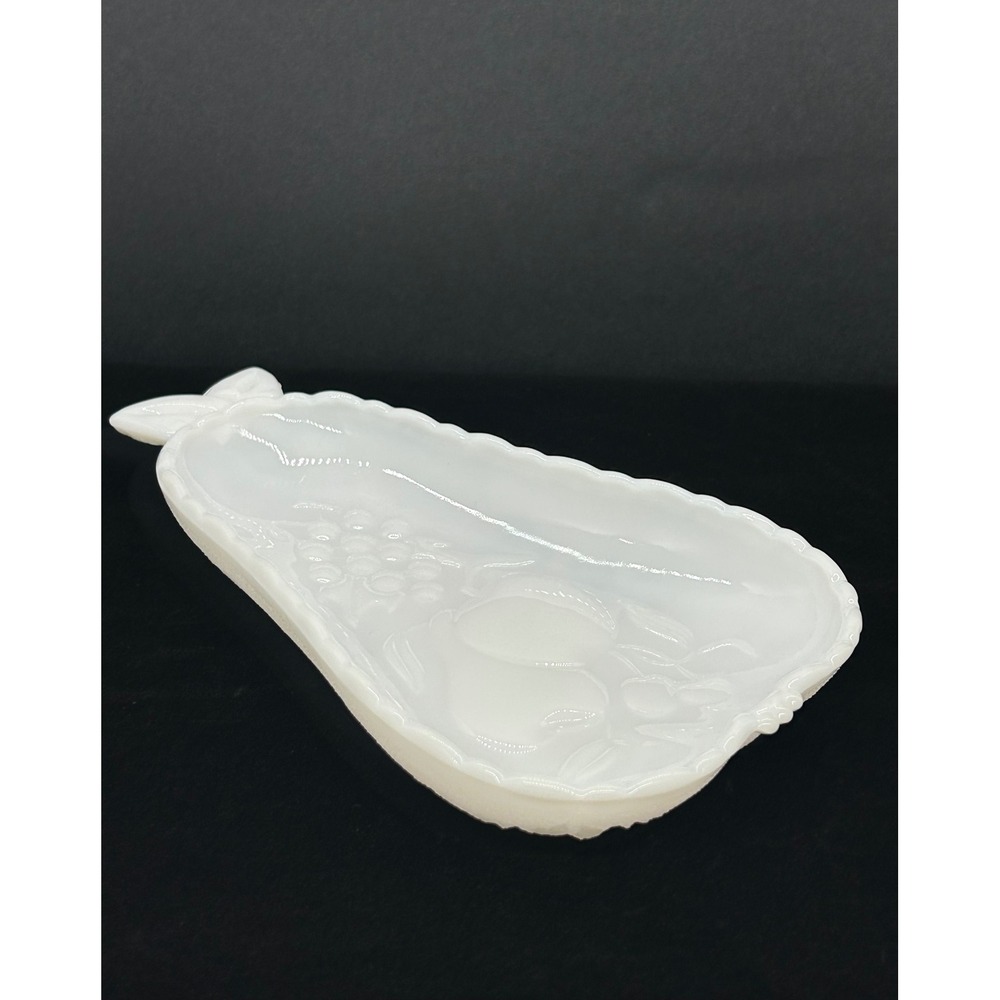 Vintage White Milk Glass Pear Shaped Trinket Dish Embossed Fruit Floral Pattern